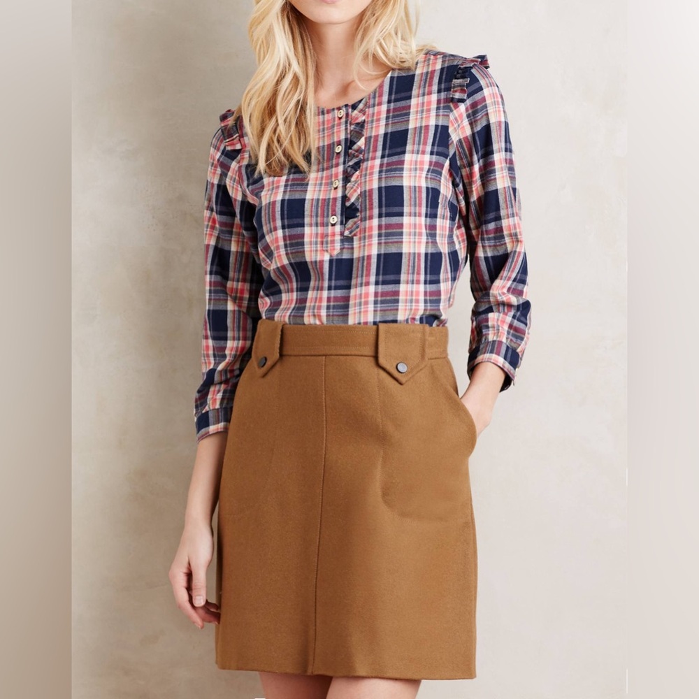 Anthropologie Isabella Sinclair Blue Pink Plaid Ruffle Flannel Top Medium Cotton